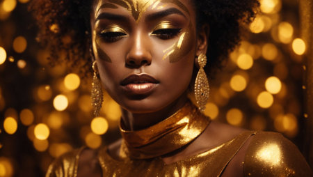 Portrait of an African-American woman with gold paint on her face, Afrofuturism, luxurious gold jewelry, warm glow of lights, photo with gold jewelry.の素材