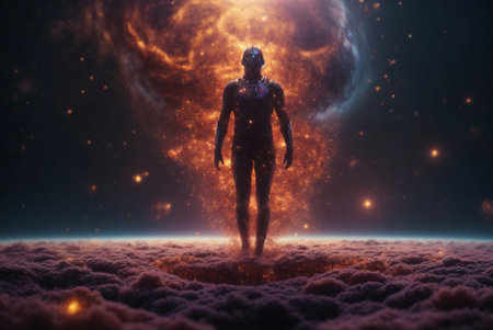 Interplanetary Exploration: Dramatic Scene of an Astronaut in Futuristic Space Suit on an Exotic Planetの素材
