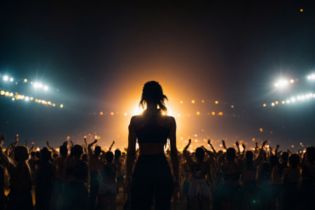 Silhouette of a girl at a music festival in the rays of the setting sun. Sunset at a Music Festival: Silhouette of a Female Body in Sunlight.の素材
