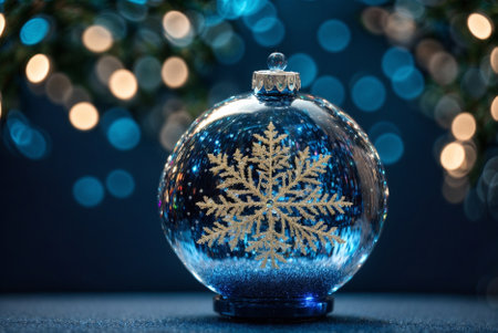 Blue Translucent Christmas Ball Engraved with a Large Snowflake Hanging from a Christmas Tree. Christmas Turquoise Decoration.の写真素材