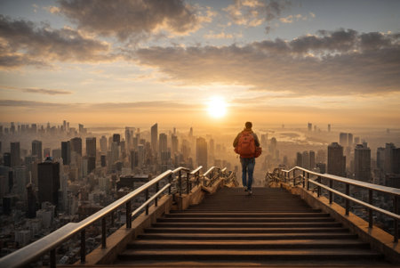 Summit of Goals: Journey to Success in the Metropolis. Steps to Achievement: Man with Backpack Climbing Stairs in the Metropolis.の素材