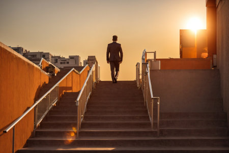 Orange-suited Businessman: Conquering the Stairs of Success. Urban Success: Businessman on a Staircase in a Flourishing Financial Environment.の素材