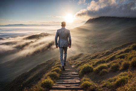 Climbing to Success: Businessman in Gray Suit on a Mountain Trail. Ascending to success: a businessman conquers mountains in search of financial growth.の素材