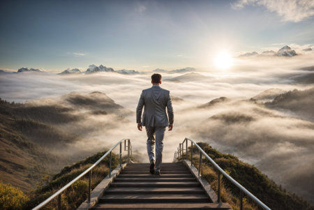 Climbing to Success: Businessman in Gray Suit on a Mountain Trail. Ascending to success: a businessman conquers mountains in search of financial growth.の素材