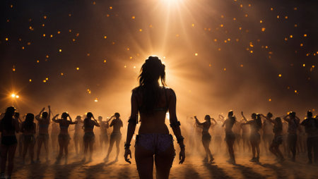 Silhouette of a girl at a music festival in the rays of the setting sun. Sunset at a Music Festival: Silhouette of a Female Body in Sunlight.の素材