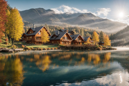 Autumn alpine landscape with lake and wooden houses. Beautiful nature background.の素材