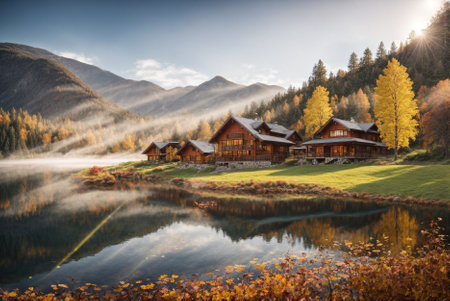 Luxurious Lakeside Wooden Houses: The Perfect Setting for a Premium Retreat. Autumn Mountain Landscape by the Lake. Comfortable Living by the Lake in the Mountains.の素材