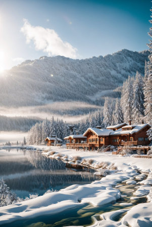 Winter Mountain Landscape by the Lake: Snowy Beauty in the Mountains above the Lake. Premium Winter Retreat: Luxurious Unforgettable Atmosphere of Winter Solitude.の素材
