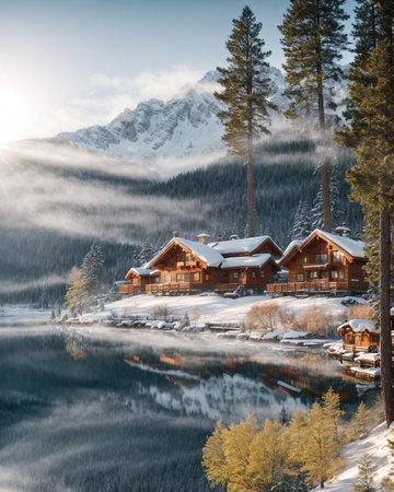 Winter Mountain Landscape by the Lake: Snowy Beauty in the Mountains above the Lake. Premium Winter Retreat: Luxurious Unforgettable Atmosphere of Winter Solitude.の素材