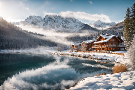 Winter Mountain Landscape by the Lake: Snowy Beauty in the Mountains above the Lake. Premium Winter Retreat: Luxurious Unforgettable Atmosphere of Winter Solitude.の素材