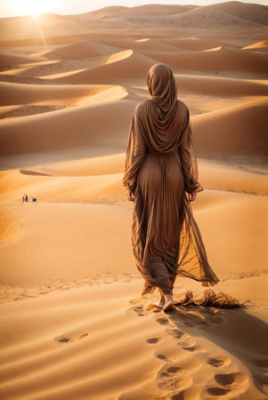 Woman in Chadra Walking on Desert Trail under the Scorching Sun. Eastern Muslim Woman in Chadra Exploring the Desert.の素材