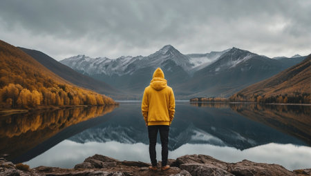 Man in yellow jacket standing on the edge of a cliff and looking at a mountain lake.の素材