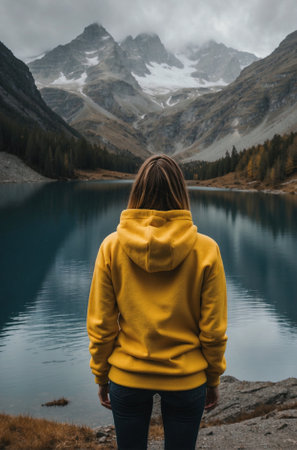 Woman in Yellow Hoodie against Mountain Landscape with Smooth Transparent Water of the Lake, Perfect Reflection of Mountains in Waterの素材