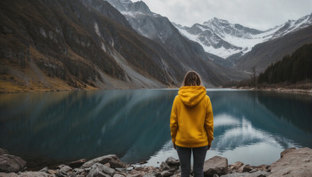 Woman in Yellow Hoodie against Mountain Landscape with Smooth Transparent Water of the Lake, Perfect Reflection of Mountains in Waterの素材