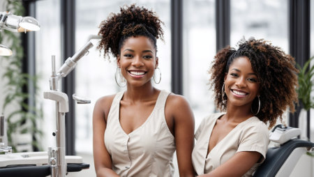 Happy African-American woman with a perfect smile and white teeth in a dental clinic. Young woman happy after visiting the dentist, showing off her fresh smile.の素材