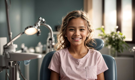 Happy little woman with light hair, perfect smile, and white teeth in a dental office. Little blonde with a perfect smile at a professional dental examination.の素材