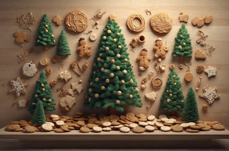 Christmas Cookie Still Life. Christmas Mini Trees Arrangement. Festive still life with cookies and miniature Christmas trees.の素材