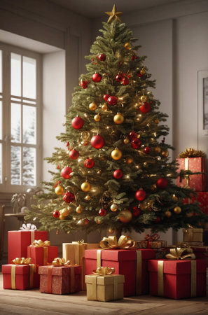 Christmas Decorated Tree with Gifts in Boxes. Festive Tree with Presents.の素材