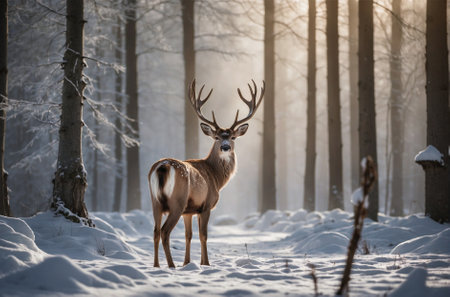 Winter Grace: Beautiful Deer with Antlers in a Sunny Forest. Winter Morning Magic: Deer with Antlers in a Sunny Day.の素材