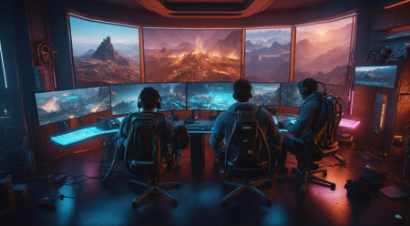 Professional gamers in computer games. Gamers in a gaming hall.の素材
