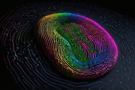 Digital Colorful Fingerprint: Close-up Macro Shot, Near Future, Biometric Identification. Biometric Finger Scan: Macro Image, Future Technologies, Digital Authentication.の素材