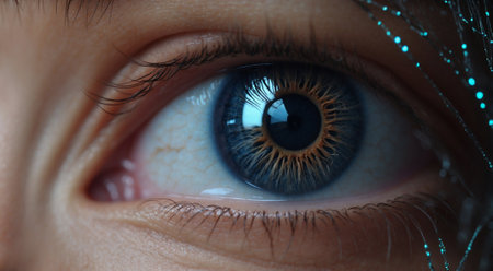 Beautiful Female Eye in Digital Space: Extremely Close-up Shot. Close-up View of Woman's Eye in Digital Environment: Extreme Magnification.の素材