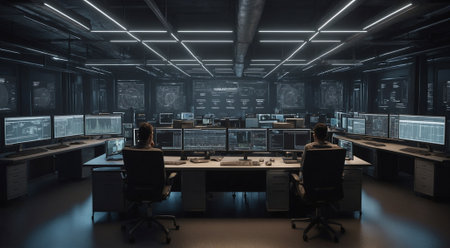 Professional Programmer Surrounded by Large Screens Displaying Programming Language, Programmer Working with Large Screens, Creating Software.の素材