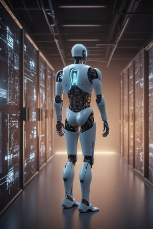 Bionic Robot in Server Room at Data Center: Digital Space and Big Data. Robotic Creature in Server Room: Future Technologies and Digital Space.の素材