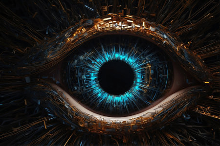 Bionic digital eye close-up in a digital computer environment. Near future.の素材