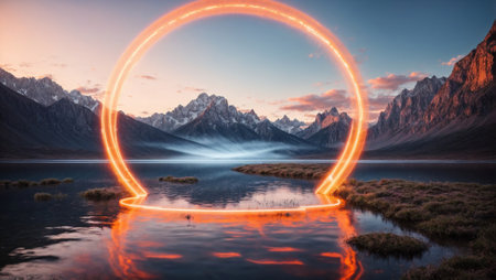 Glowing portal in the middle of a beautiful mountain lake. Enchanting landscape of a mountain lake with a glowing portal.の素材