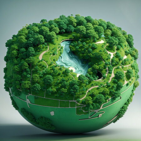 Greening World: Overgrowth, Vegetation, and Urbanization on the Globe. Overgrown and Built: Earth Globe Covered in Greenery and Development.の素材