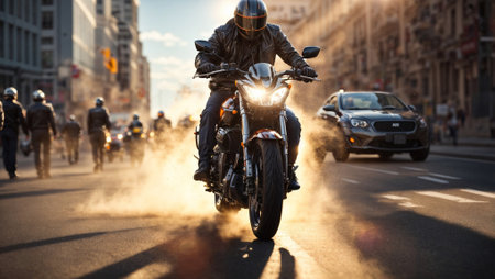 Motorcyclist in black leather clothing and helmet riding a sports motorcycle at high speed in a sunny metropolis. City Speedster: Adrenaline-fueled Thrills on a Sports Motorcycle in the Sunlit Metropolis.の素材