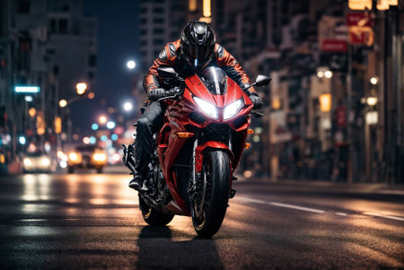 Motorcyclist in black leather clothing and helmet riding a sports motorcycle at high speed through the night metropolis amidst the lights of the city.の素材