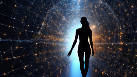 Silhouette of a female body in a computer digital network. Immersion of a person in digital technologies and dependence on computers and the internet.の素材