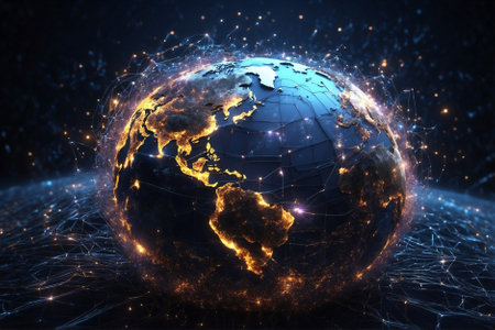 Earth globe enveloped by the worldwide internet web, technical concept. Earth globe covered with worldwide web.の素材