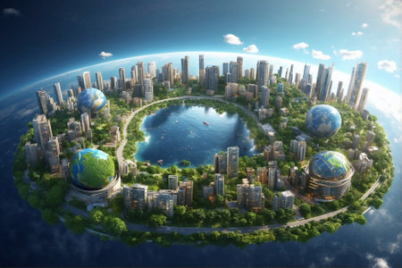 Greening World: Overgrowth, Vegetation, and Urbanization on the Globe. Overgrown and Built: Earth Globe Covered in Greenery and Development.の素材
