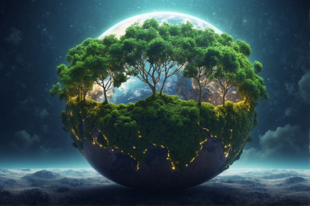 Greening World: Overgrowth, Vegetation, and Urbanization on the Globe. Overgrown and Built: Earth Globe Covered in Greenery and Development.の素材