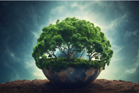 Greening World: Overgrowth, Vegetation, and Urbanization on the Globe. Overgrown and Built: Earth Globe Covered in Greenery and Development.の素材