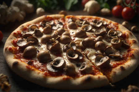 Large pizza with sauce and mushrooms. Pizza with mushrooms and sauce.の素材