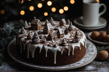 Ginger sponge chocolate Christmas cake with decorations in the shape of New Year's gifts and white icing. Christmas cake with ginger sponge, chocolate, decorations in the shape of New Year's gifts, and white icing.の素材