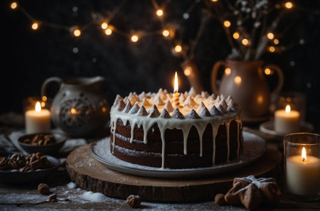 Ginger sponge chocolate Christmas cake with decorations in the shape of New Year's gifts and white icing. Christmas cake with ginger sponge, chocolate, decorations in the shape of New Year's gifts, and white icing.の素材