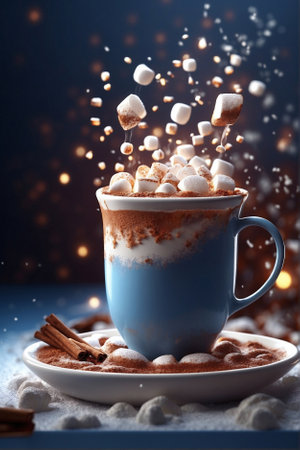 Hot Chocolate Cup with Marshmallow and Cinnamon Sticks: Winter Festive Composition. Winter Delight: Hot Chocolate with Marshmallow and Cinnamon.の素材