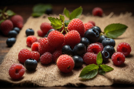 Forest berries raspberry and blueberry. Beautiful composition in rustic style.の素材