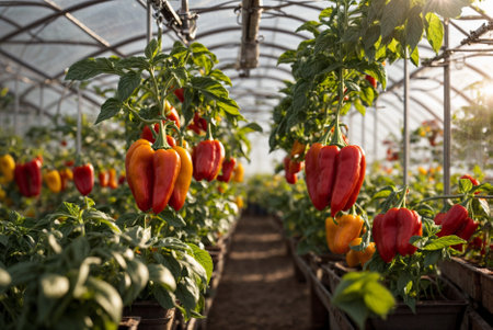 Colorful bell peppers growing in a greenhouse. Photo on a beautiful sunny day.の素材