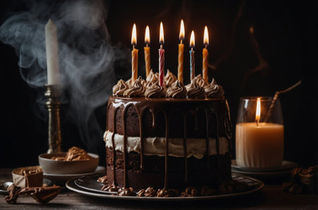 Festive sponge chocolate cake with candles. Photo in dark key.の素材