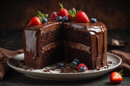 Chocolate sponge cake with cream and forest berries. Chocolate dessert.の素材