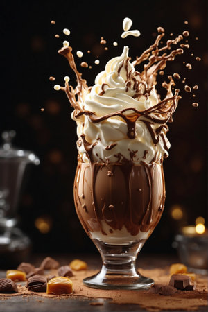 Chocolate Ice Cream with Whipped Cream and Yogurt in a Glass. Dessert Explosion of Chocolate Ice Cream, Whipped Cream, and Yogurt.の素材