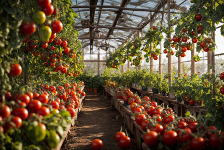 Fresh ripe tomatoes growing in a greenhouse. Photo on a beautiful sunny day. Luscious tomatoes ripening in greenhouse conditions. Photograph on a bright sunny day.の素材