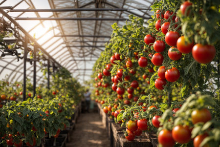 Fresh ripe tomatoes growing in a greenhouse. Photo on a beautiful sunny day. Luscious tomatoes ripening in greenhouse conditions. Photograph on a bright sunny day.の素材