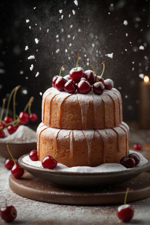 Sweet Cherry Delight: Sponge Cake with Powdered Sugar and Fresh Berries. Tempting Flavor: Cherry Cake with Berry Aroma and Sugar Dust.の素材